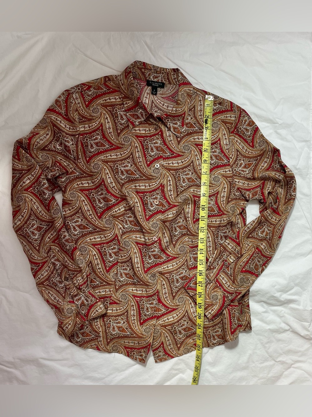 Talbots Red and Camel Paisley Button-Front Silk Shirt